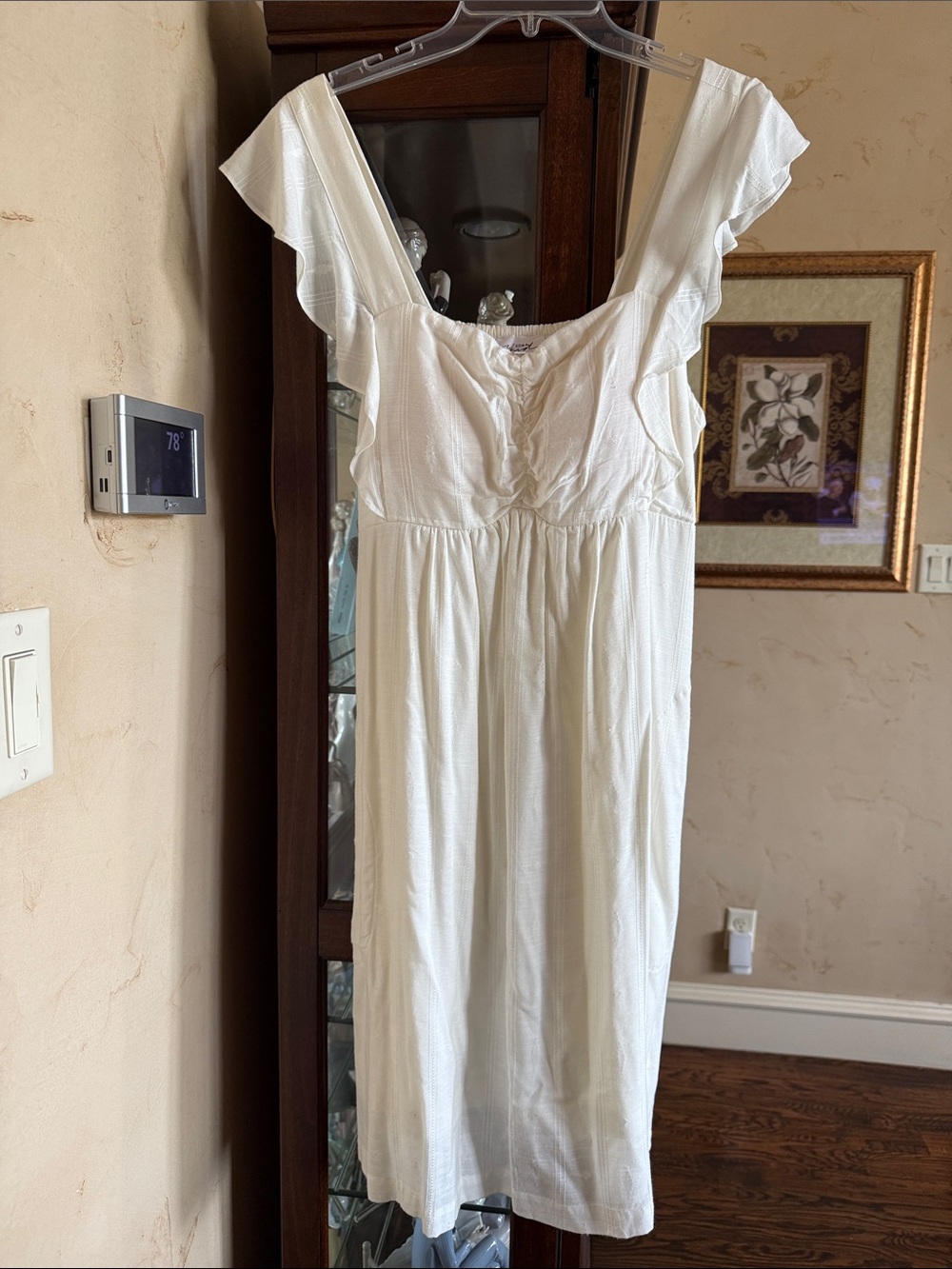 Women's light beige Flutter-Sleeve Midi Dress with built in bra by Soma. Size L